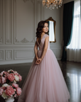 Rochie roz lunga eleganta pentru fete, din tulle si dantela - Polina