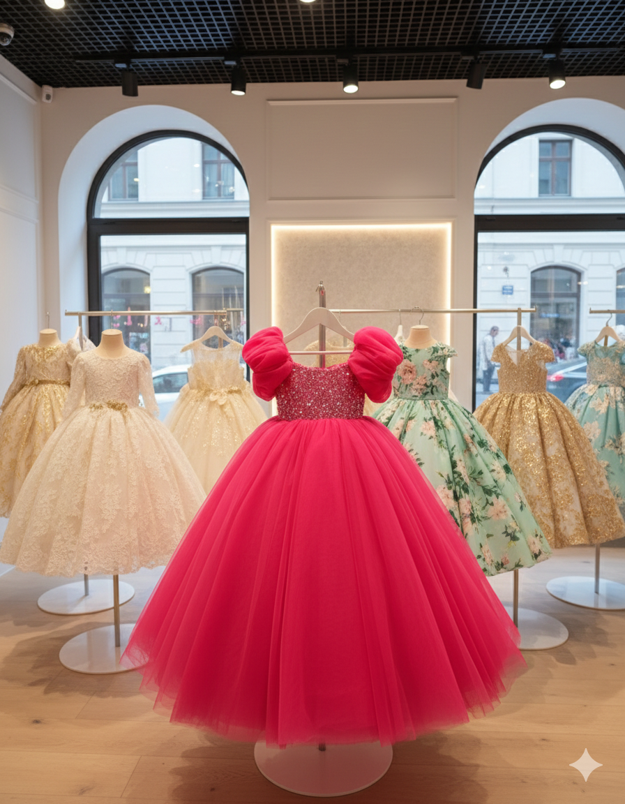 Rochie roz fuchsia lunga eleganta pentru fete, din tulle si dantela - Jasmine