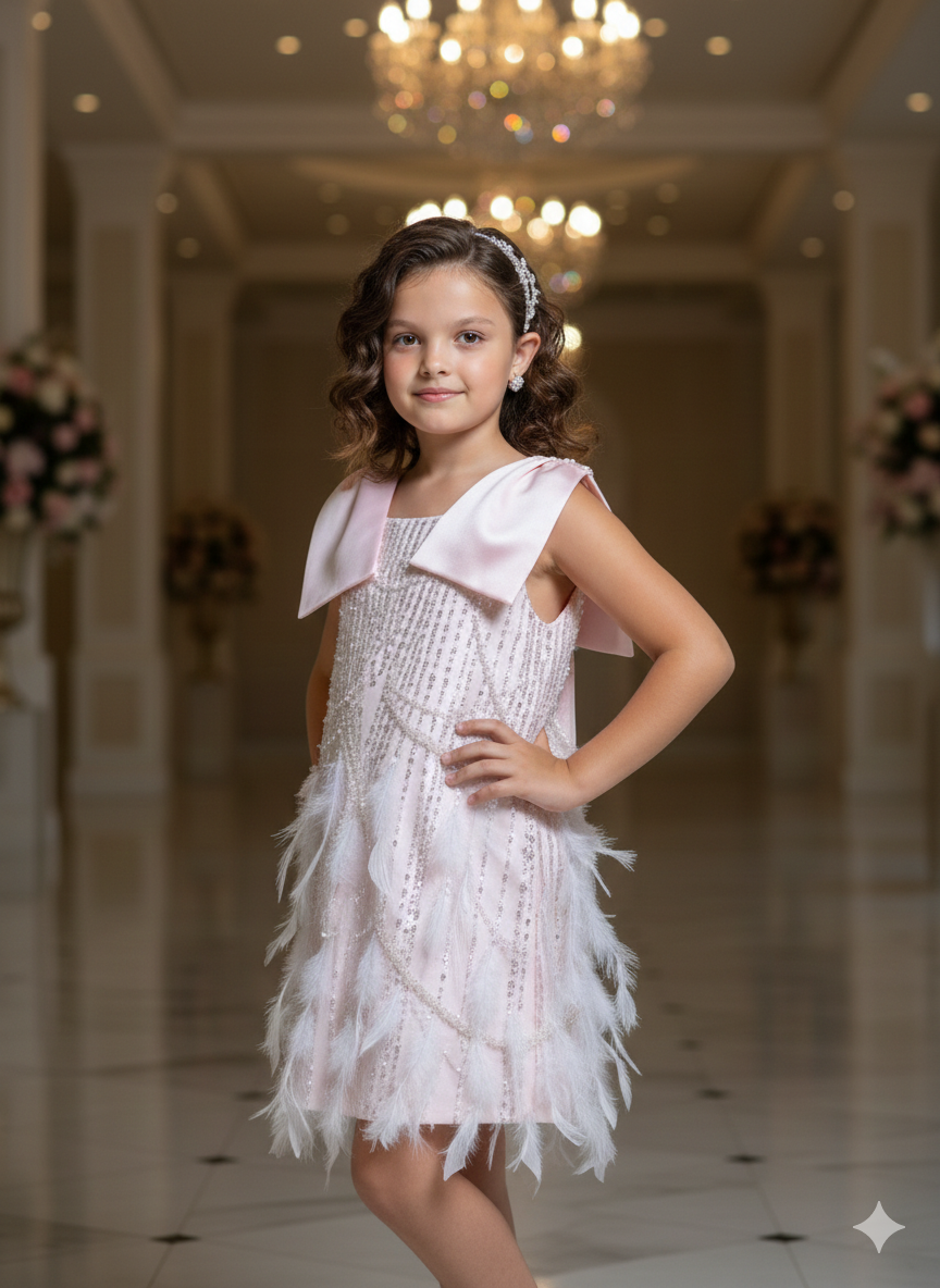 Rochie roz elegantă din dantelă și fulgi naturali pentru fete - Haven