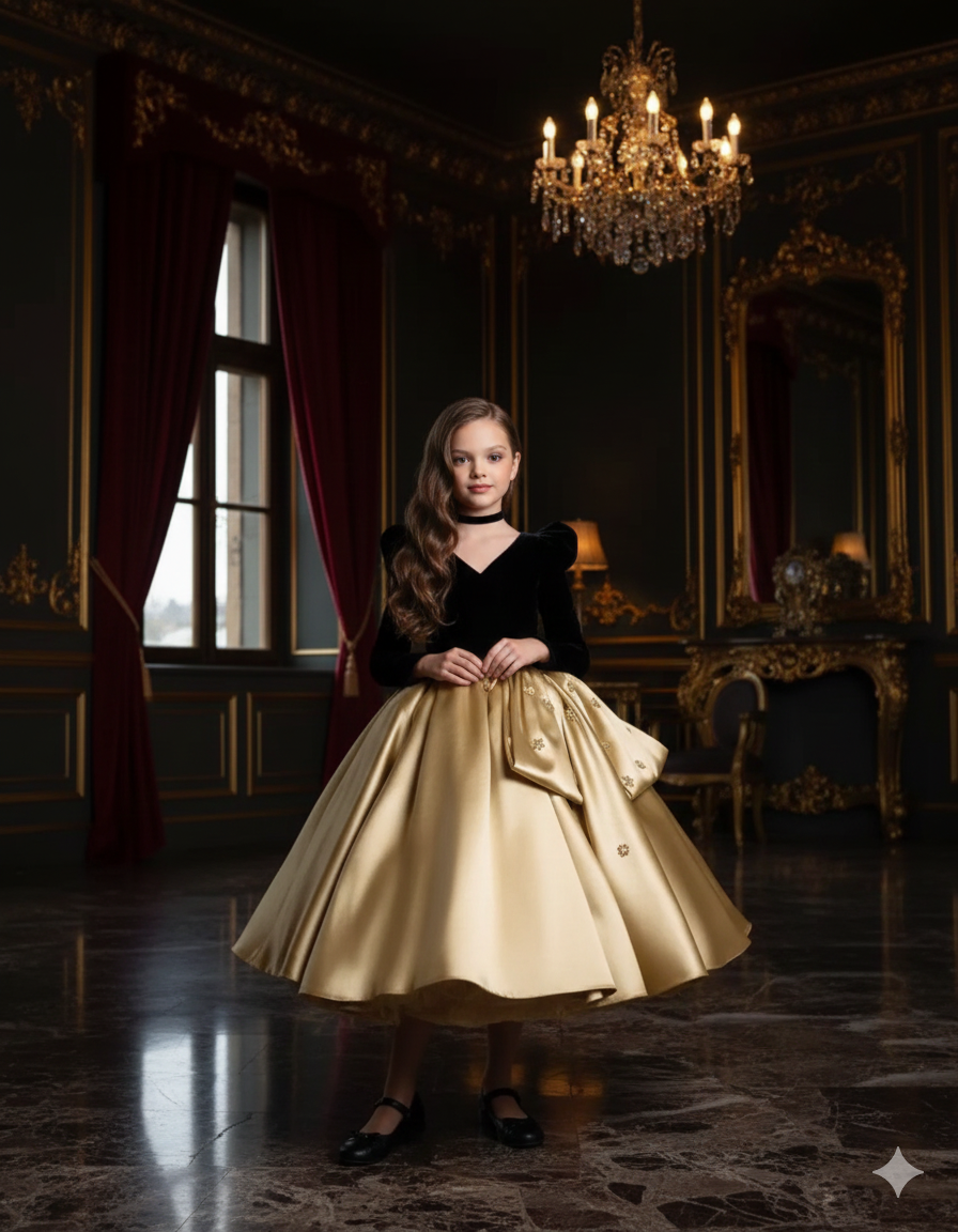 Rochie aurie eleganta pentru fete, din tafta si catifea neagra - Zendaya