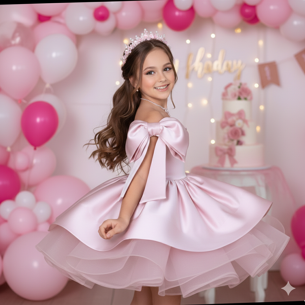 Rochie alba eleganta cu fundite pe umeri din tafta pentru fete - Barbie