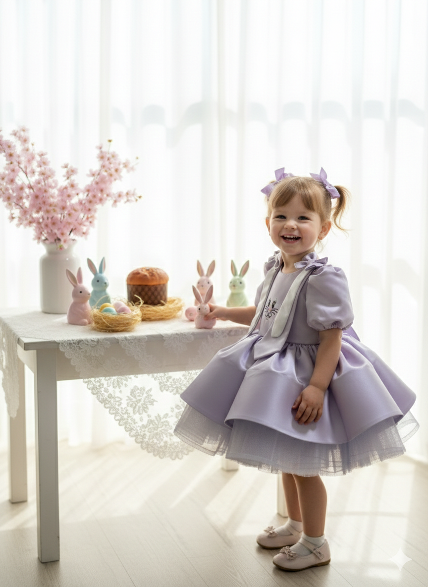 Rochie lila eleganta cu broderie iepuras - Bunny