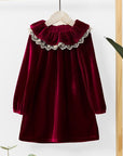 Rochie burgundy casual din catifea si dantela alba pentru fete - Clara