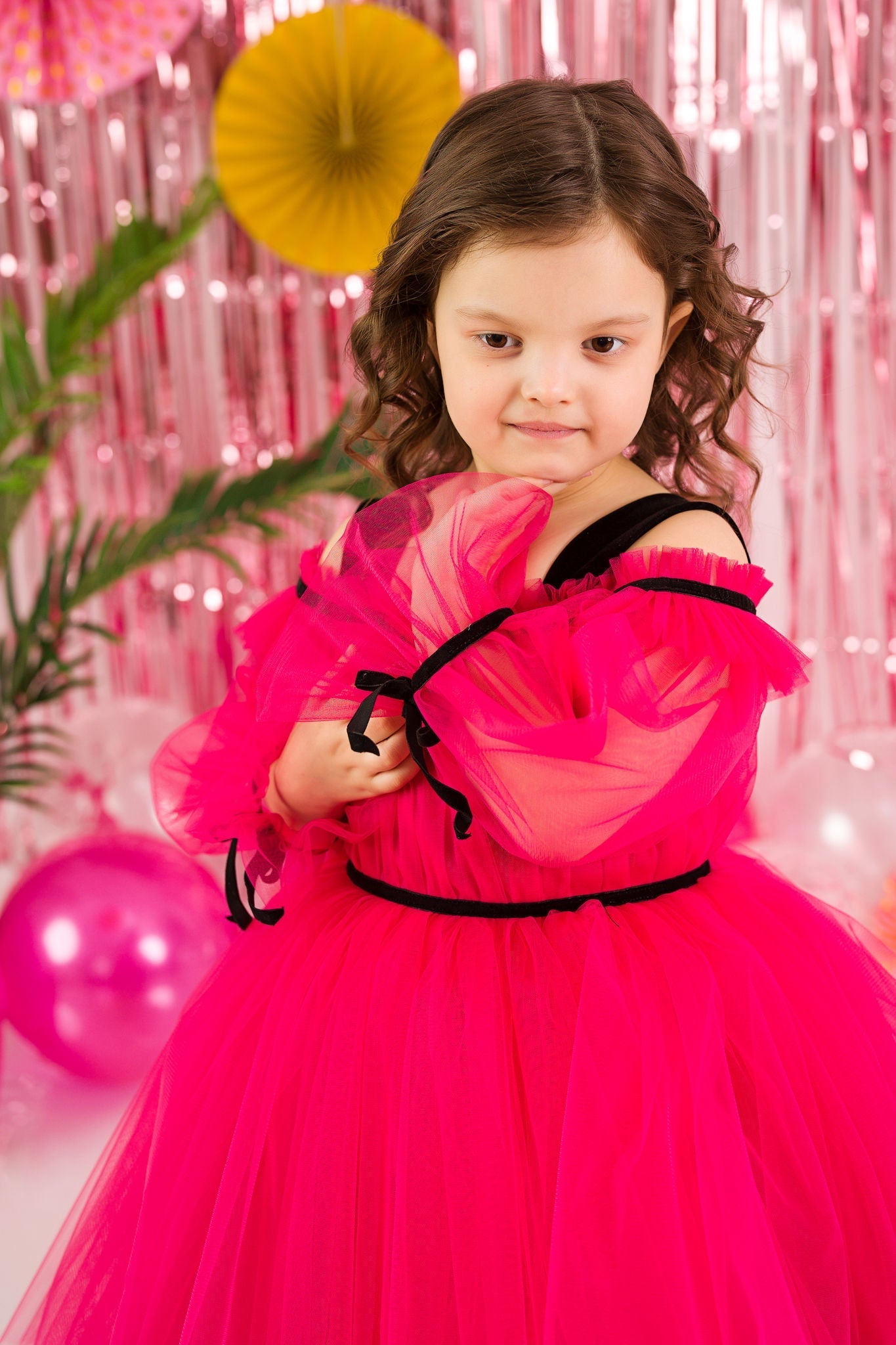 Rochie din tull fuchsia si banda din catifea pentru fete - Zoe