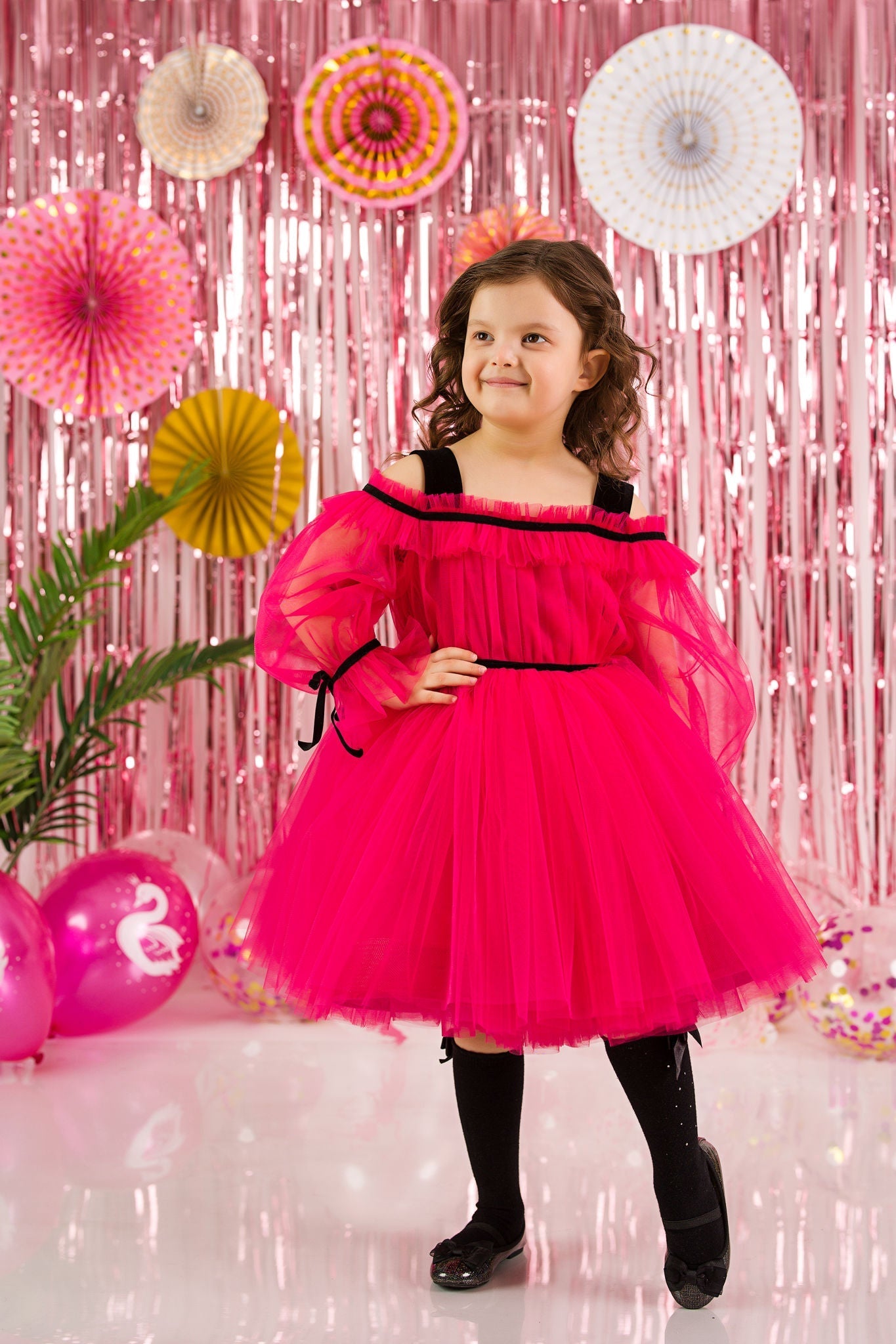 Rochie din tull fuchsia si banda din catifea pentru fete - Zoe