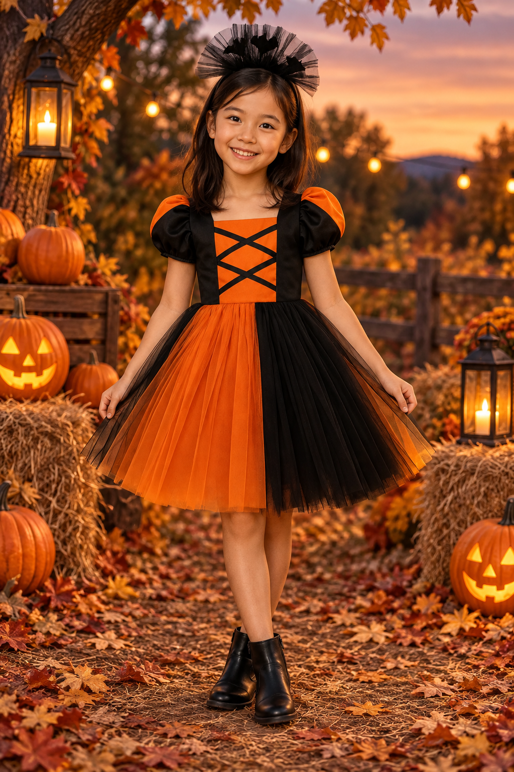 Rochie Halloween neagră și portocalie din tul pentru fete – Hazel