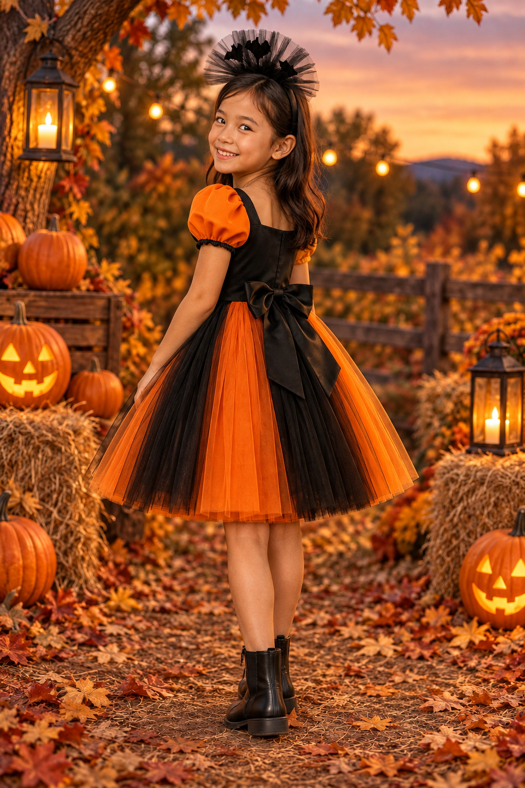 Rochie Halloween neagră și portocalie din tul pentru fete – Hazel