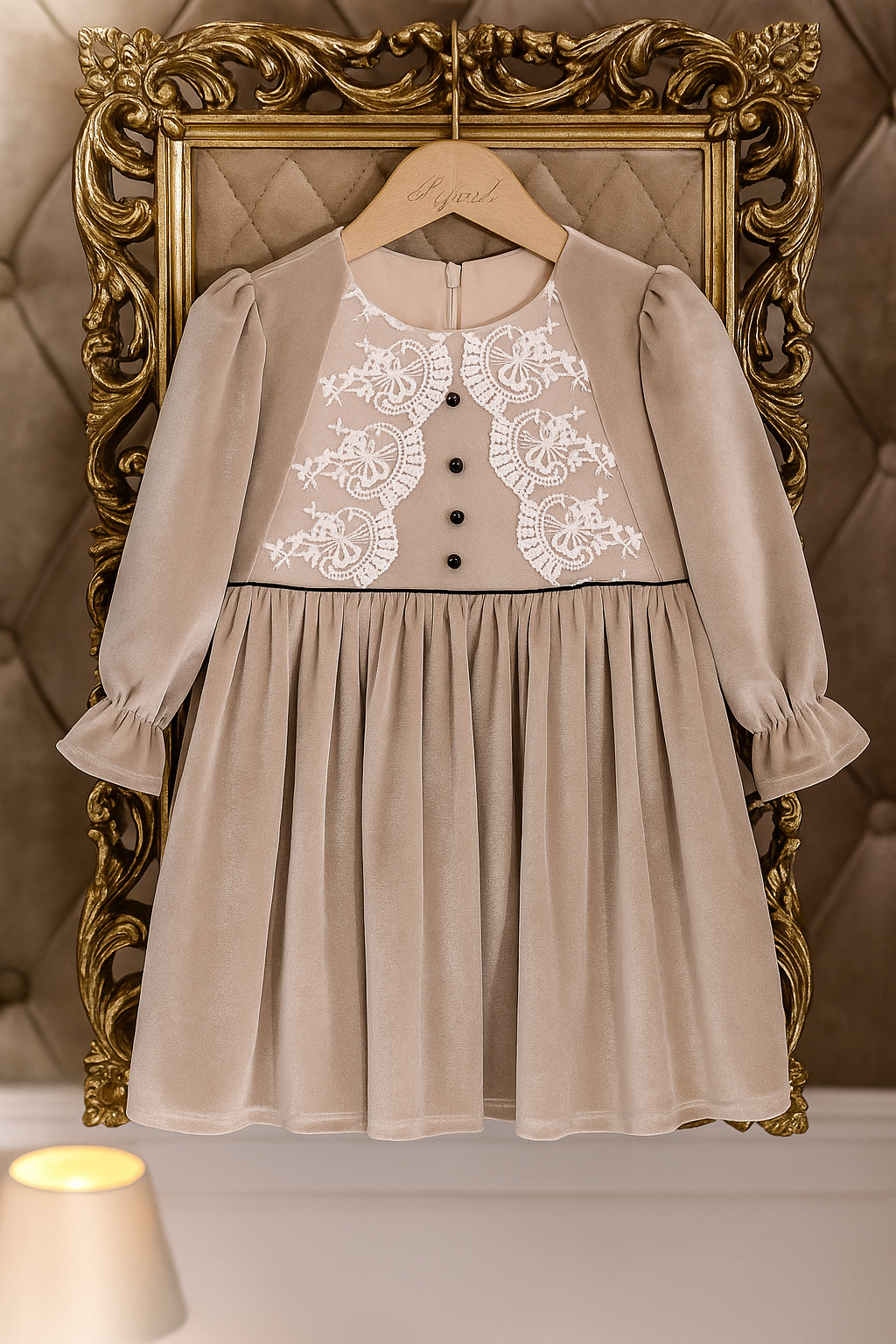 Rochie nude din catifea si dantelă albă pentru fete - Paris