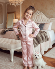 Pijama roz model clasic din satin pentru fete - Personalizare Broderie