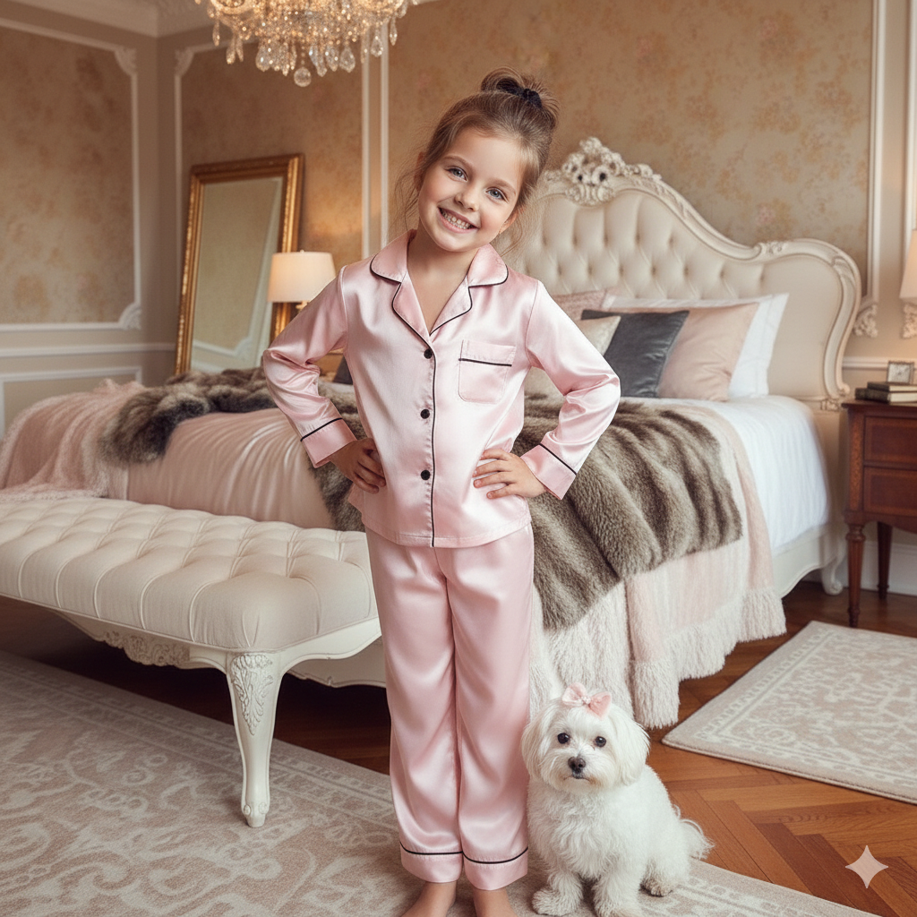 Pijama roz model clasic din satin pentru fete - Personalizare Broderie