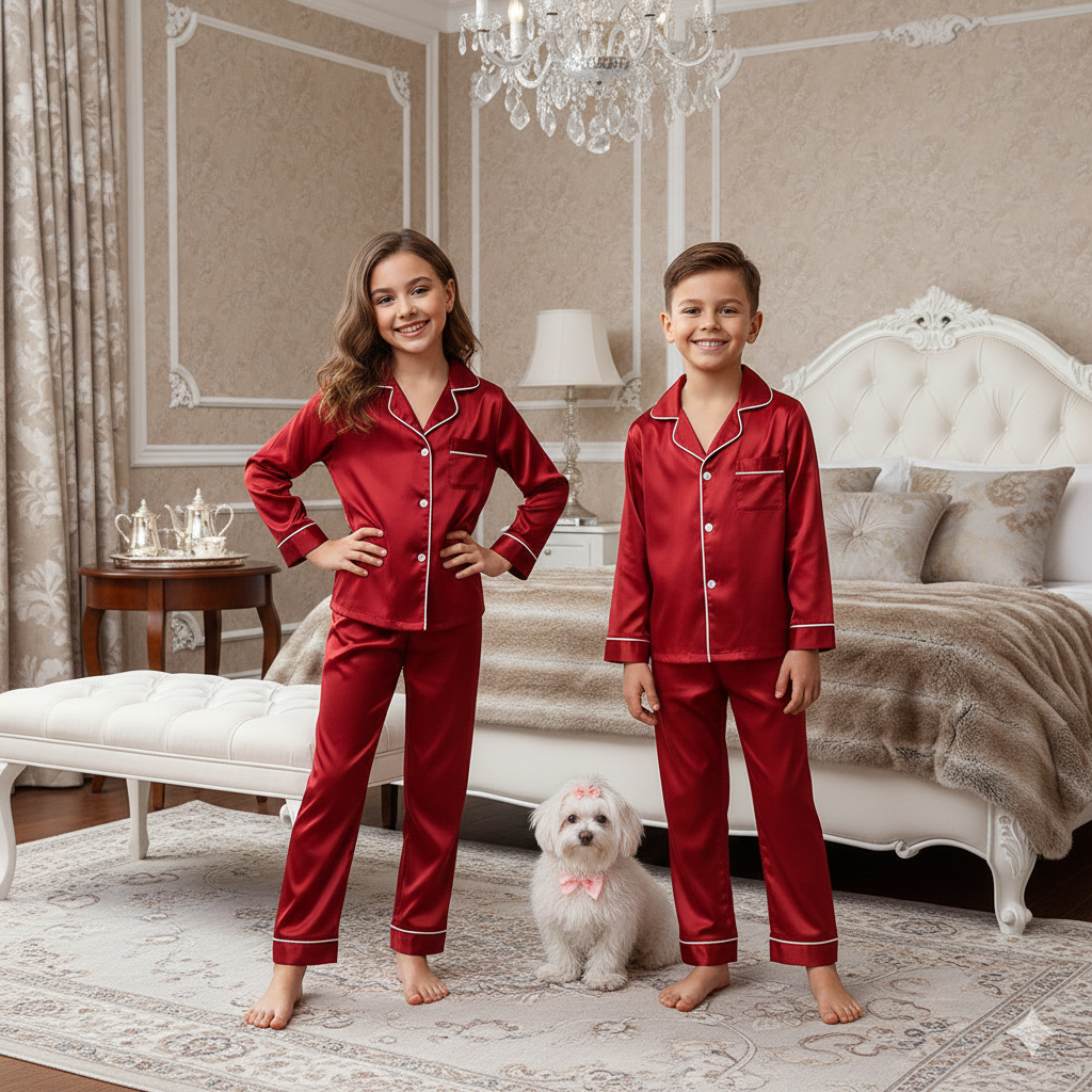 Pijama rosie model clasic din satin pentru copii - Personalizare Broderie