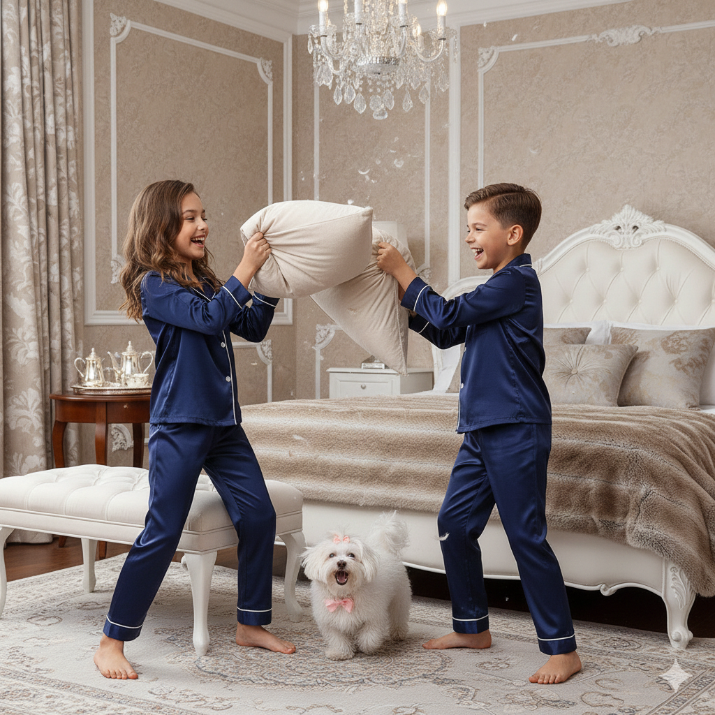 Pijama bleumarin model clasic din satin pentru copii - Personalizare Broderie