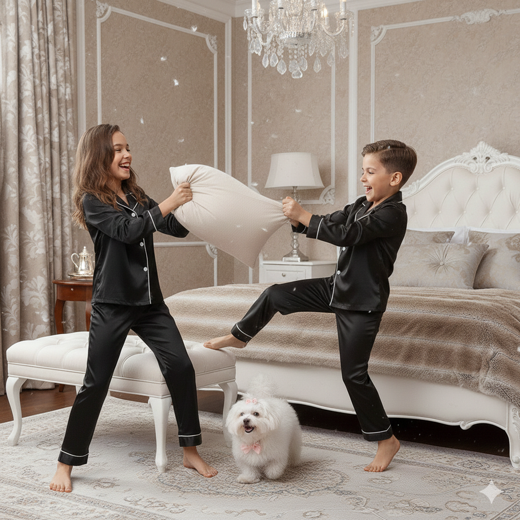 Pijama neagra model clasic din satin pentru copii - Personalizare Broderie