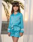 Pijama bleu de vara din satin pentru fete - Personalizare Broderie