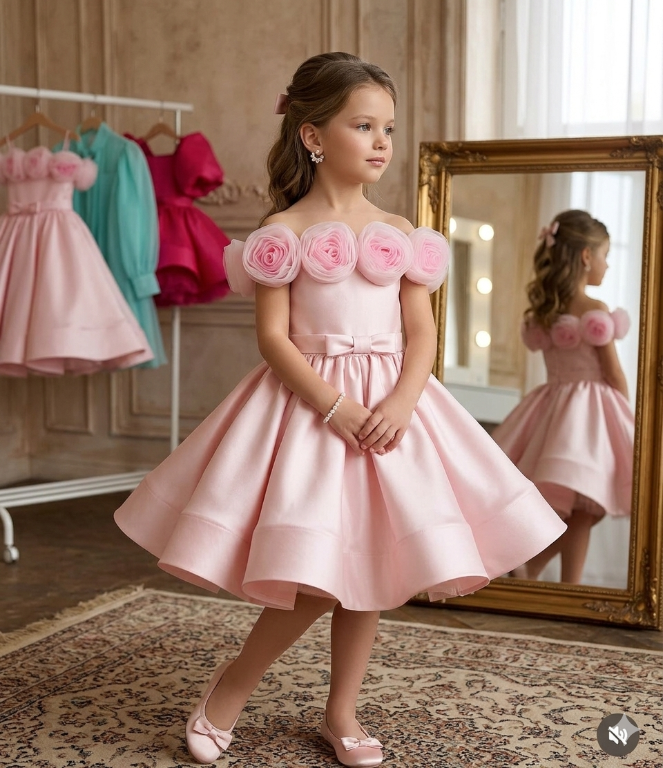 Rochie eleganta din tafta roz si flori handmade din tulle pentru fete - Mia
