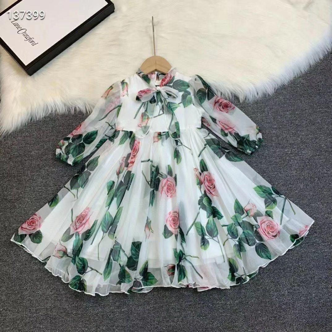 Rochie eleganta pentru fete, din matase imprimata si flori 3D - Alice