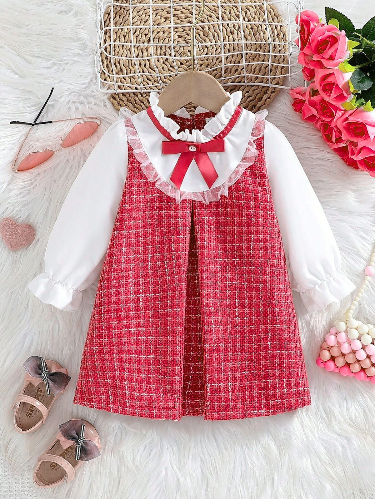 Rochie vintage pentru fete, din stofa tweed roz și poplin alb - Ellis