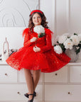 Rochie rosie eleganta din dantela cu perle si paiete pentru fete - Sierra