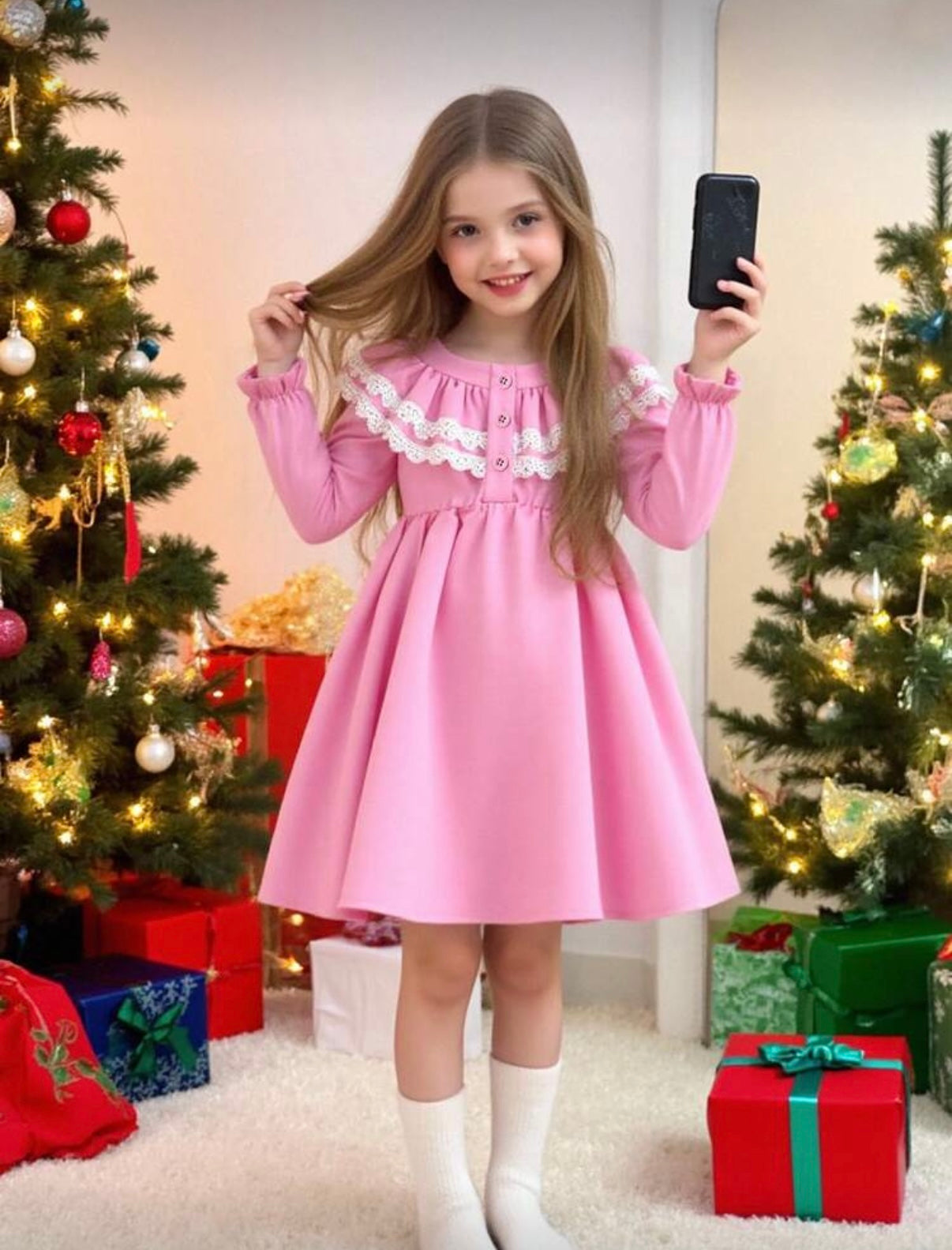 Rochie casual roz cu volane si dantela alba pentru fete - Liana