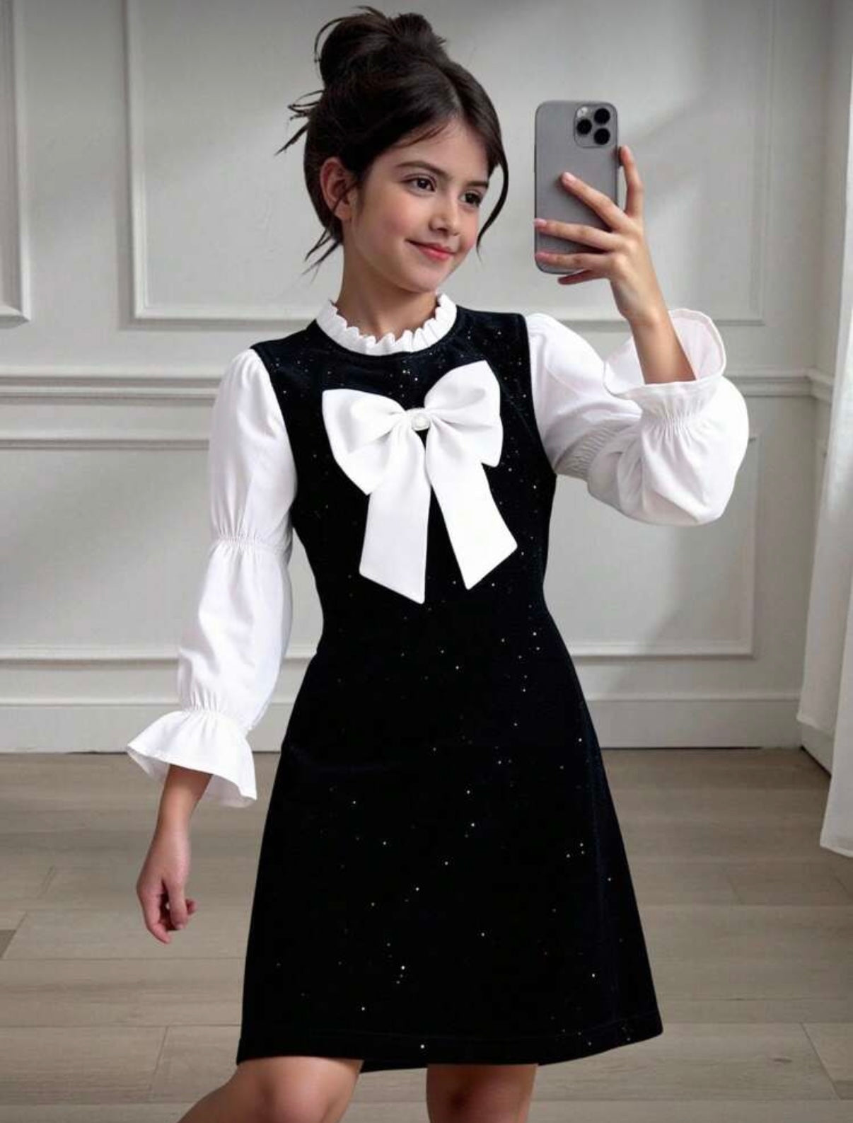 Rochie casual neagra din catifea cu glitter pentru fete - Antonia