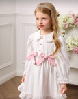 Rochie alba cu dantela si fundite roz pentru fete - Alice