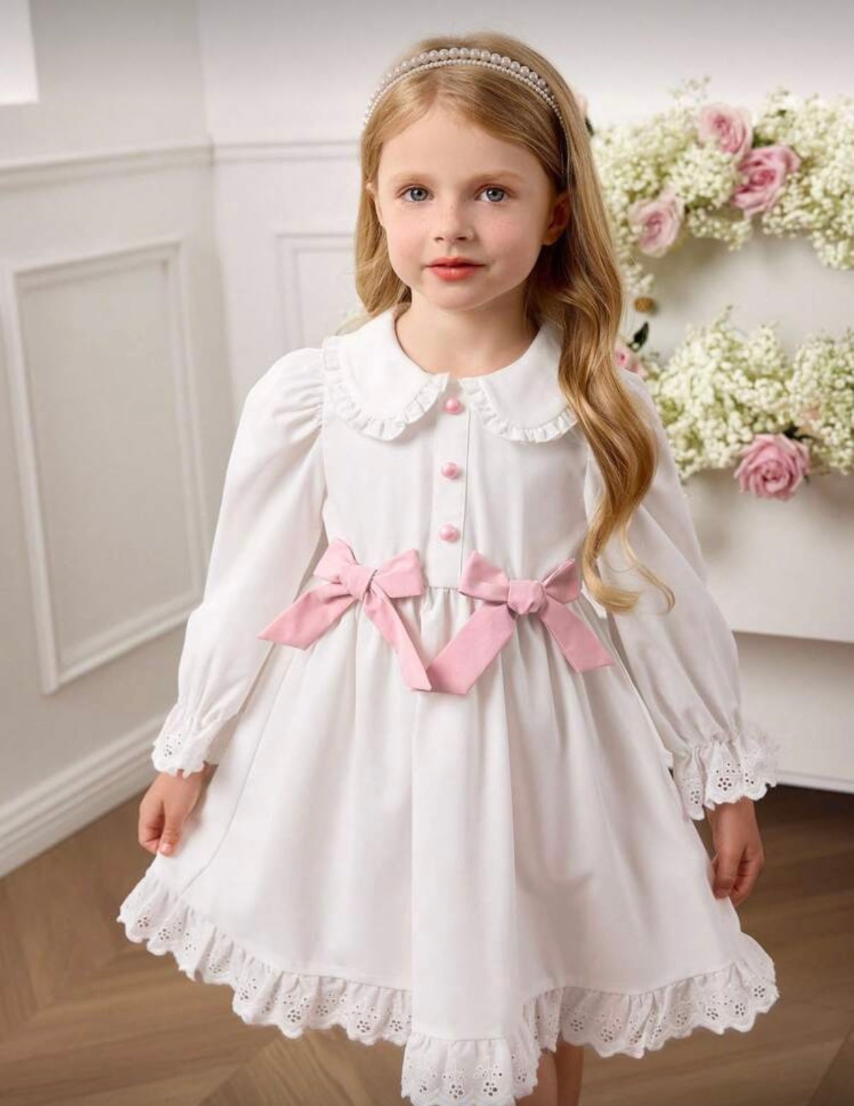 Rochie alba cu dantela si fundite roz pentru fete - Alice