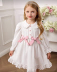Rochie alba cu dantela si fundite roz pentru fete - Alice