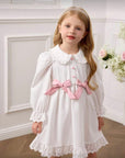 Rochie alba cu dantela si fundite roz pentru fete - Alice