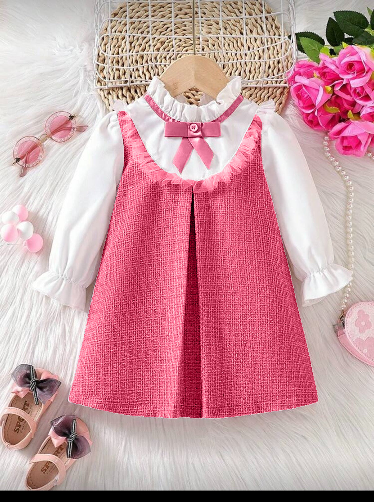 Rochie vintage pentru fete, din stofa tweed roșie și poplin alb - Ellis