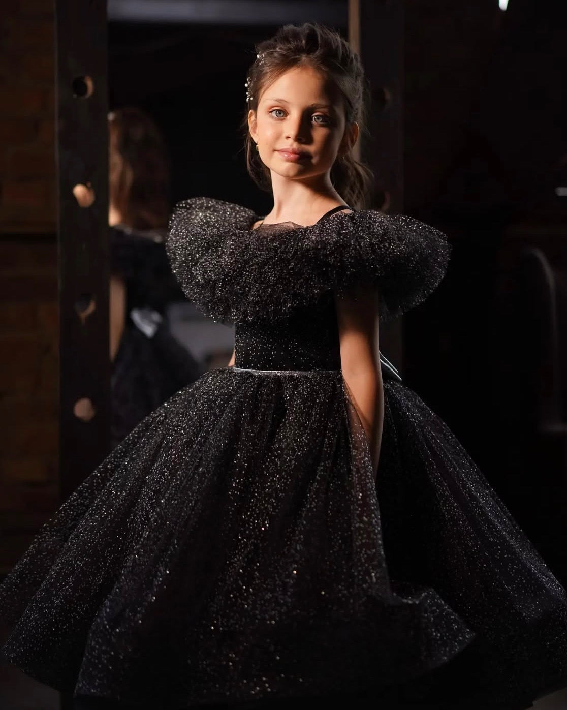 Rochie neagra eleganta pentru fete, din tulle glitter - Amelia