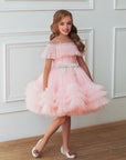 Rochie roz eleganta din tulle si fudnite pentru fete - Miky