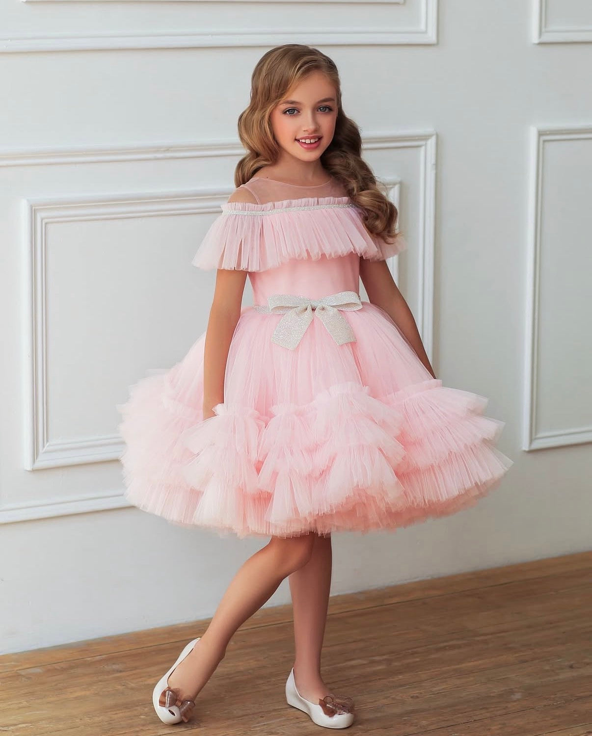 Rochie roz eleganta din tulle si fudnite pentru fete - Miky