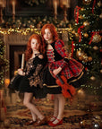 Rochie stofa rosie in carouri si catifea neagra pentru fete - Thal