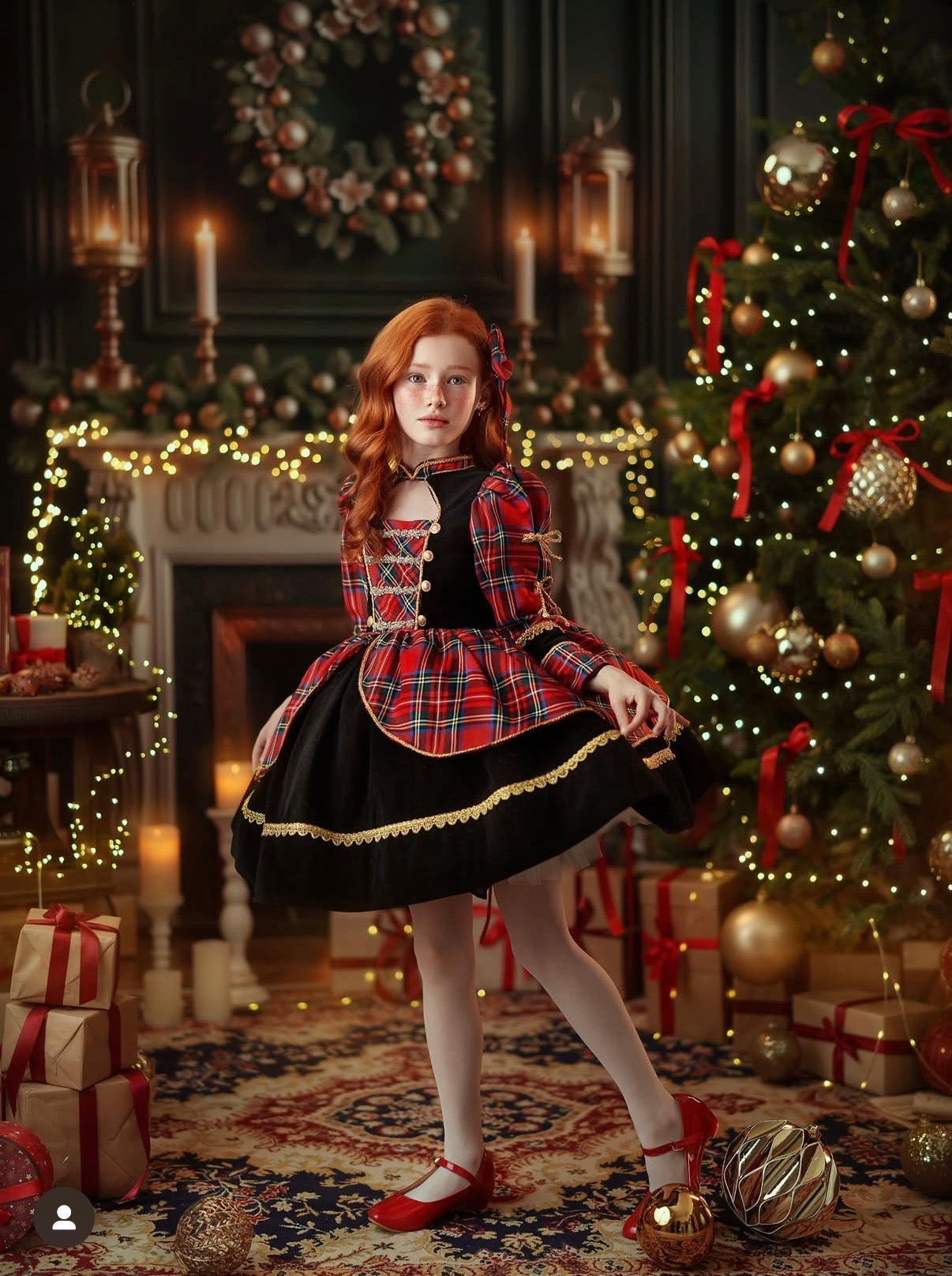 Rochie stofa rosie in carouri si catifea neagra pentru fete - Thal