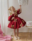 Rochie rosie eleganta din tafta cu fundite aurii pentru fete - Berta