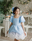 Rochie bleu eleganta din tafta si flori handmade pentru fete - Annabelle