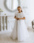 Rochie lunga alba eleganta din organza, pentru fete - Emina