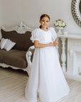 Rochie lunga alba eleganta din organza, pentru fete - Emina