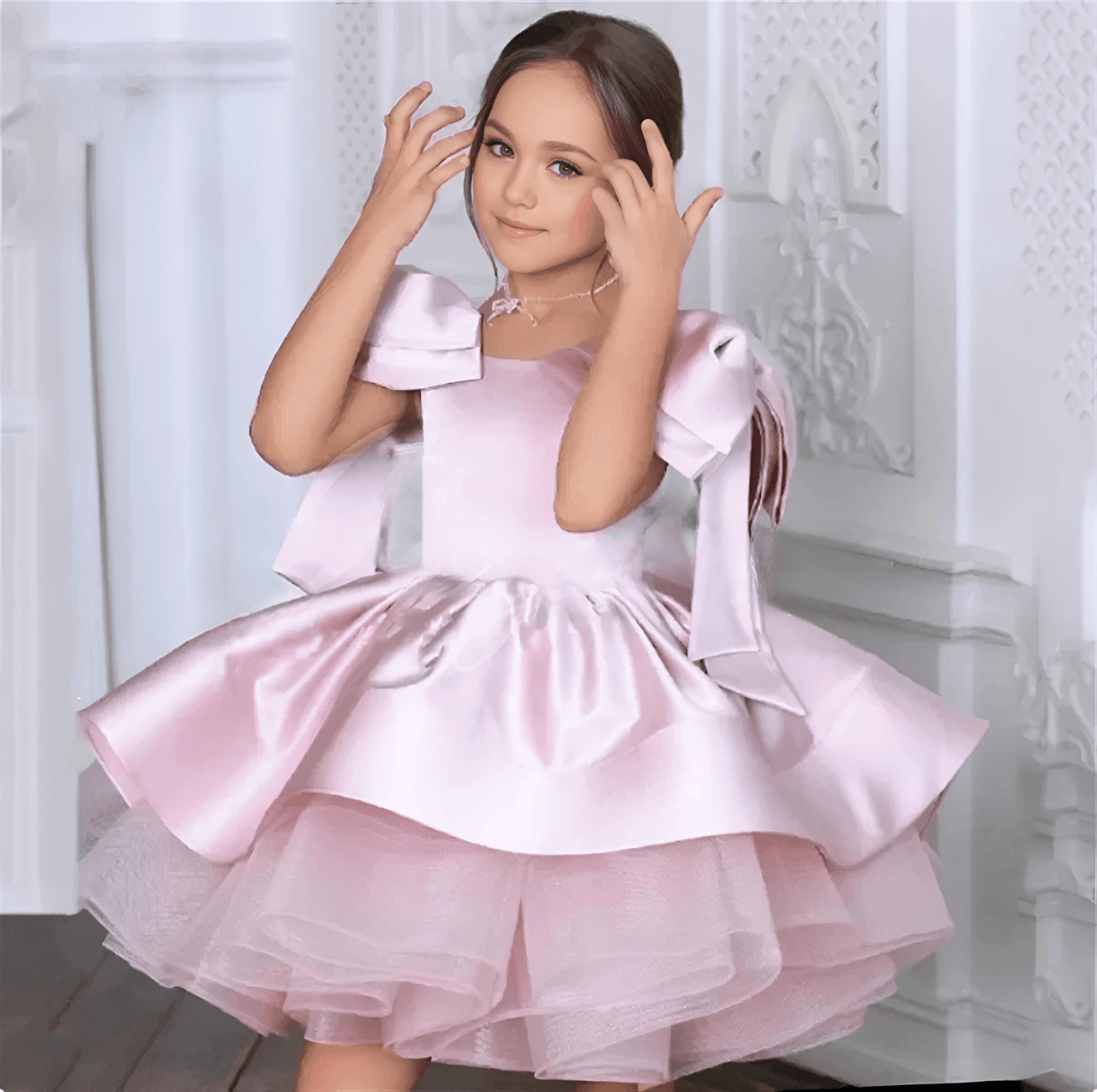 Rochie alba eleganta cu fundite pe umeri din tafta pentru fete - Barbie