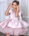 Rochie alba eleganta cu fundite pe umeri din tafta pentru fete - Barbie