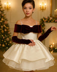 Rochie alba eleganta din tafta si funda burgundy pentru fete - Norah
