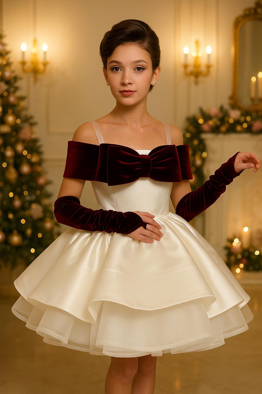 Rochie alba eleganta din tafta si funda neagra pentru fete - Norah