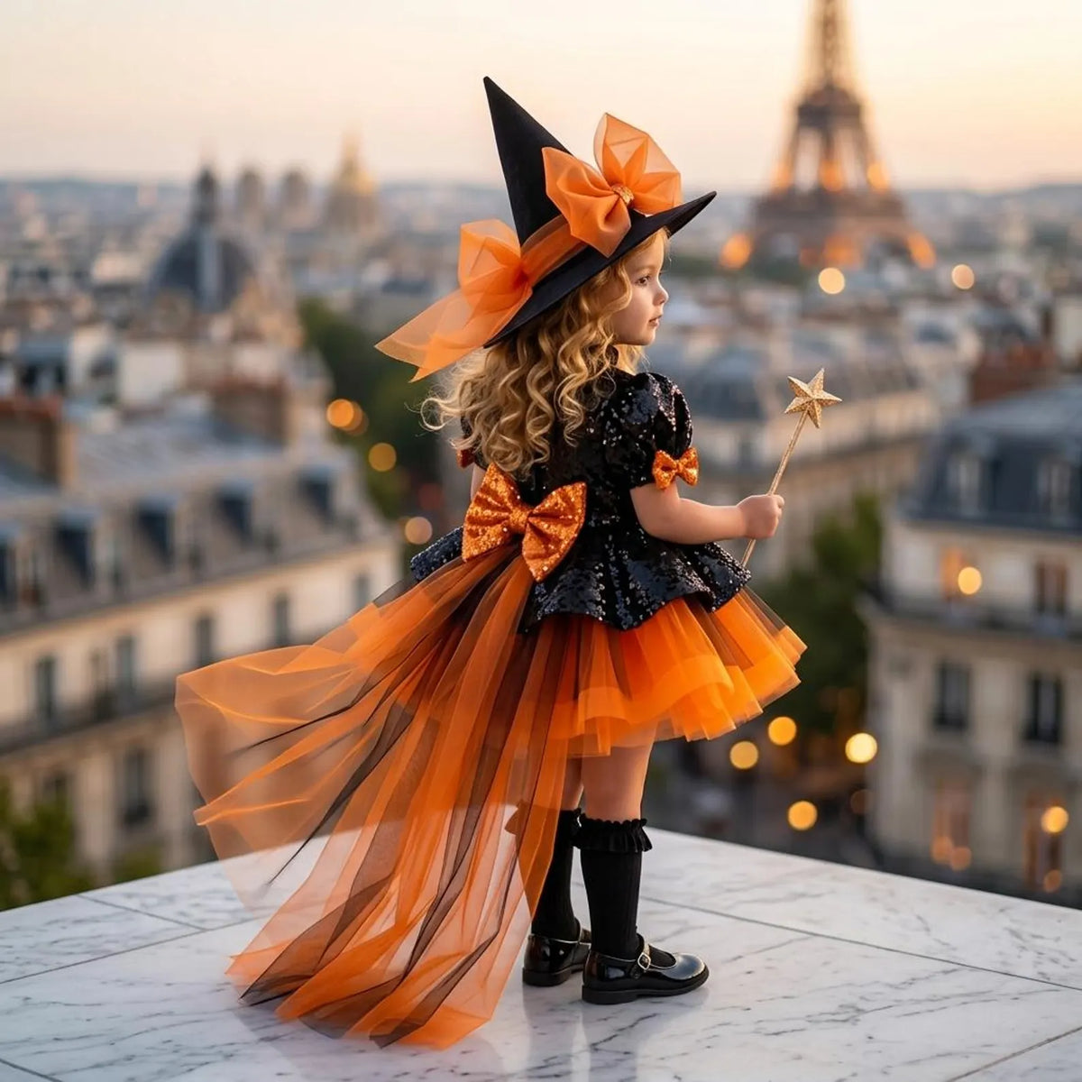 Rochie Halloween din paiete negre, tul negru si portocaliu + pălărie pentru fete – Isadora