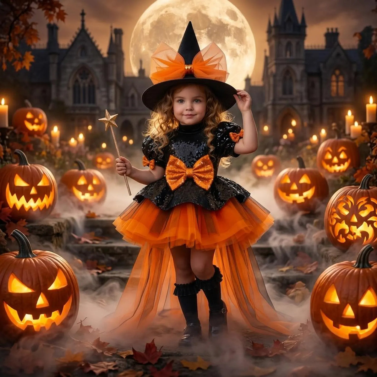 Rochie Halloween din paiete negre, tul negru si portocaliu + pălărie pentru fete – Isadora