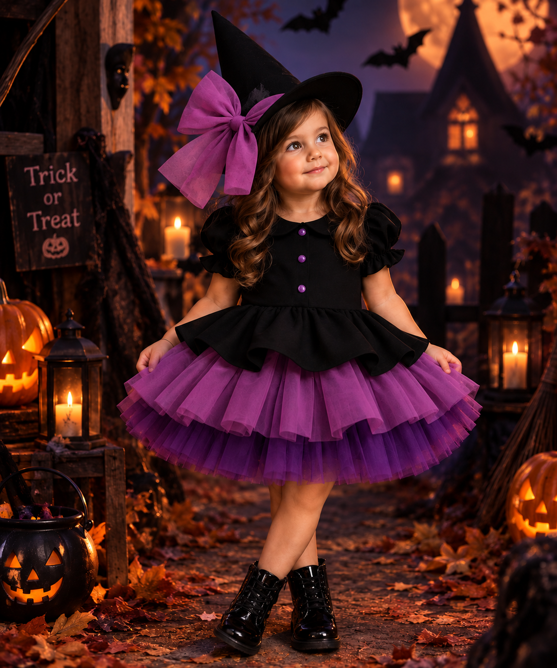 Rochie Halloween neagra si tul roz fuchsia + pălărie pentru fete – Lilith