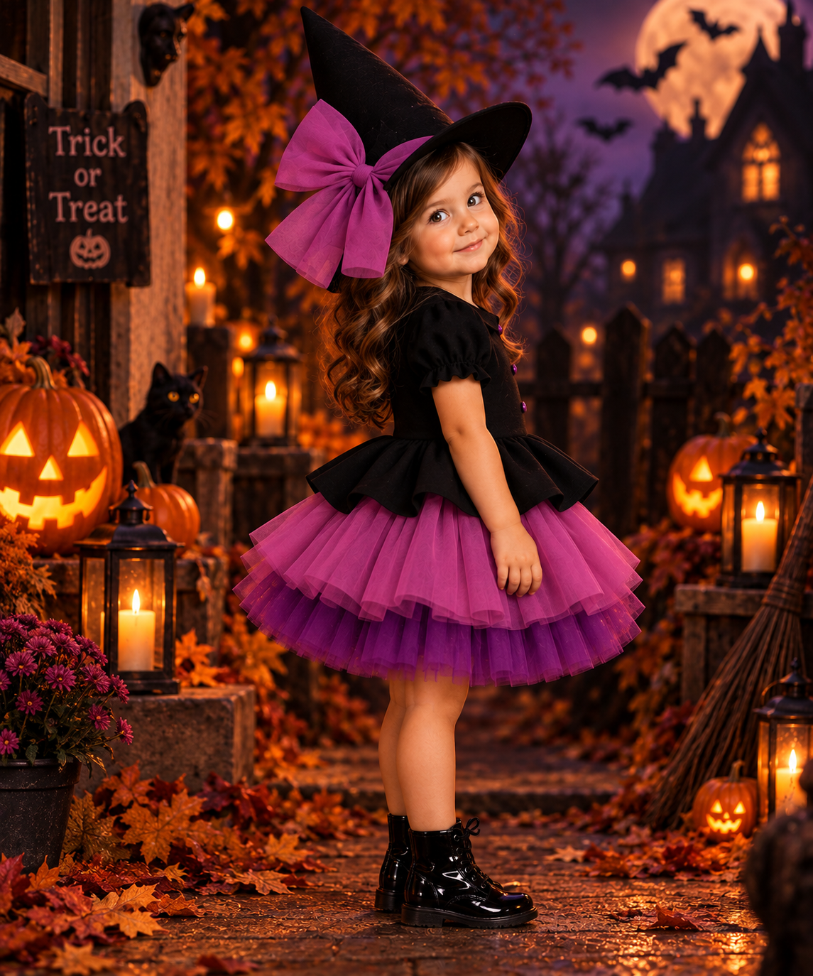 Rochie Halloween neagra si tul roz fuchsia + pălărie pentru fete – Lilith