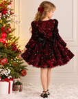 Rochie roșie elegantă din paiete pe catifea cu mânecă lungă și fundă neagră pentru fete - Lois