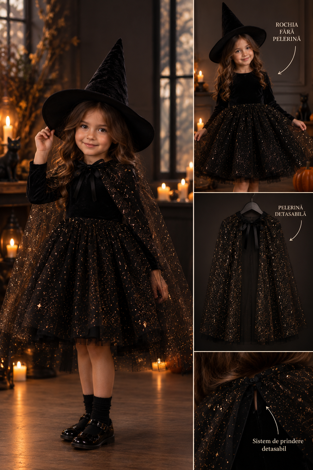 Rochie Halloween tul negru glitter auriu si pelerina detasabila - Luna