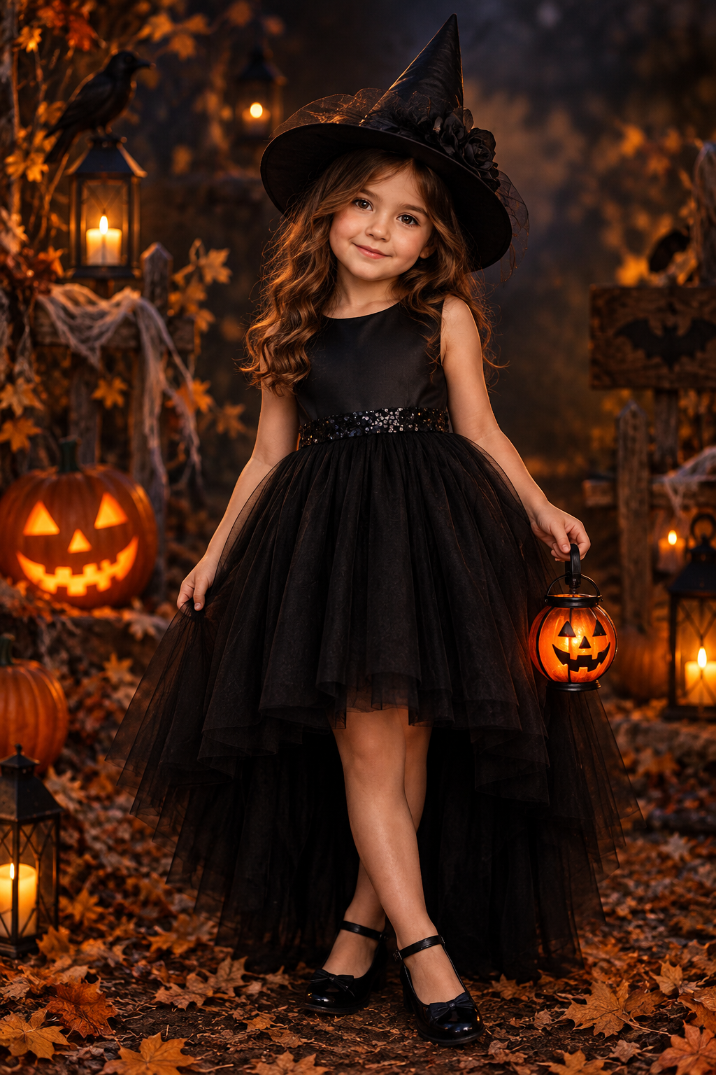Rochie Halloween de vrăjitoare cu trena din tul negru + pălărie pentru fete – Raven