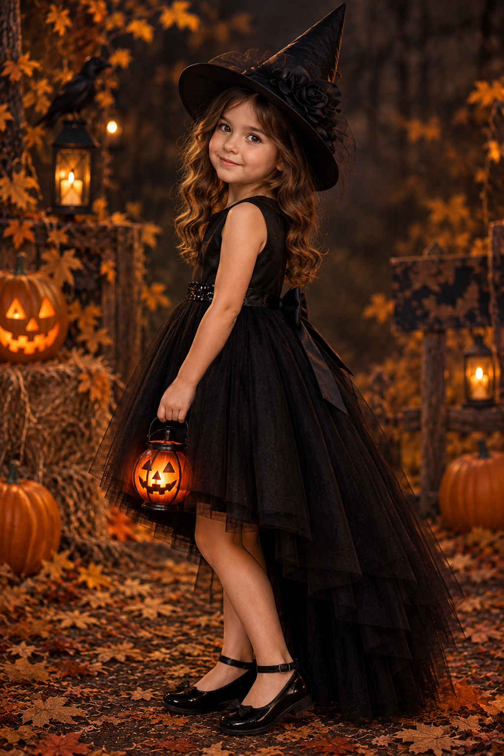 Rochie Halloween de vrăjitoare cu trena din tul negru + pălărie pentru fete – Raven